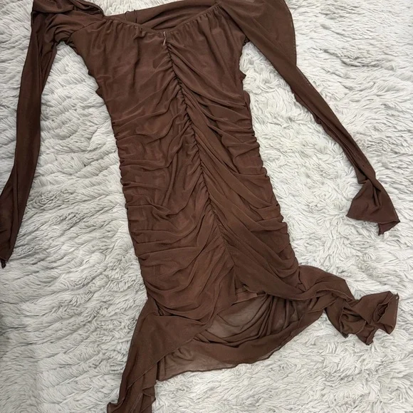 Fashion Jewelry Chocolate Brown Cutout Ruched Mini Dress - Picture 2 of 4